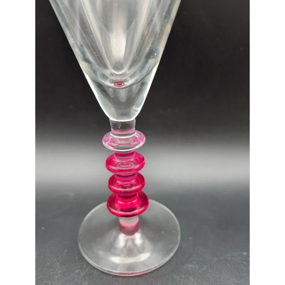Vtg Pier 1 P1C18 Pink Stacked Ring Stem Water Goblet Wine Glass Clear V Bowl